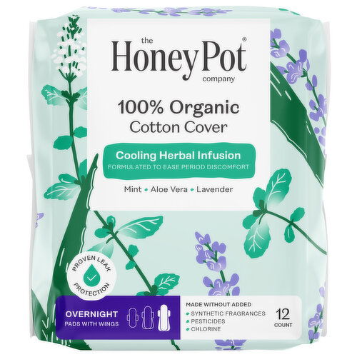 The Honey Pot Company 100% Organic Cotton Cover Cooling Herbal Infusion Overnight Pads with Wings