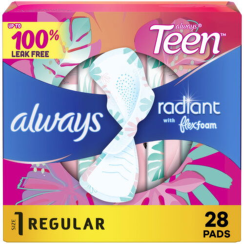 Always Radiant Always Radiant Teen Pads, Size 1, Regular, with Wings, 28 CT