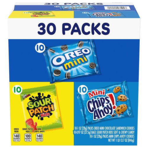 Nabisco Cookies & Candy Variety Pack, SOUR PATCH KIDS Candy, OREO Mini Cookies, and Mini CHIPS AHOY! Cookies, 30 Snack Packs