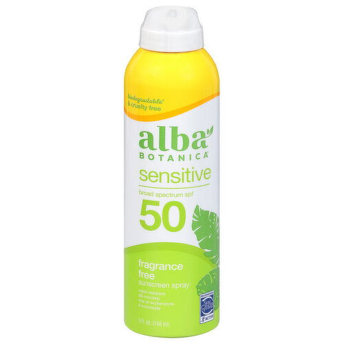 Alba Botanica Sunscreen Spray, Fragrance Free, Sensitive, Broad Spectrum SPF 50