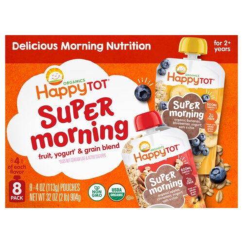 Happy Tot Organics for 2+ Years Super Morning Organic Bananas, Blueberries, Yogurt, Oats & Chia/Organic Apples, Cinnamon, Yogurt, Oats & Chia Toddler Fruit, Yogurt & Grain Blend