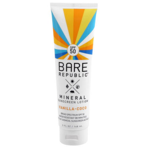 Bare Republic Sunscreen Lotion, Mineral, Vanilla-Coco, Broad Spectrum SPF 50