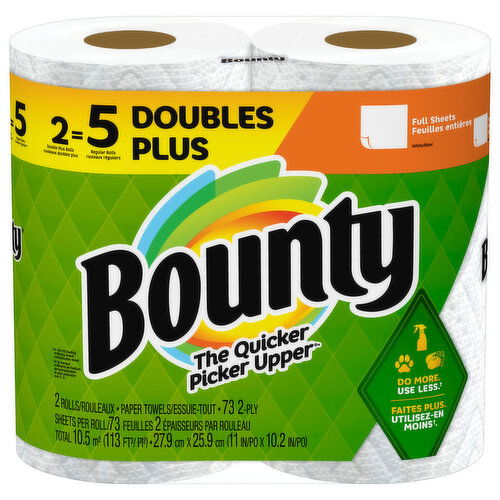 Bounty Paper Towels, 2-Ply, White, Doubles Plus