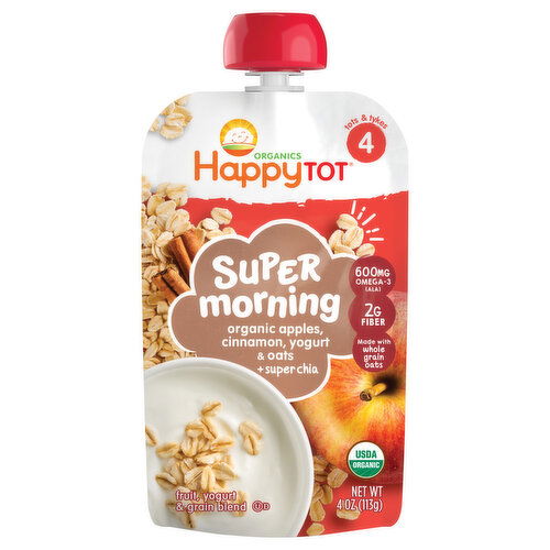 HappyTot Organics Fruit, Yogurt & Grain Blend, Super Morning, 4 (Tots & Tykes)