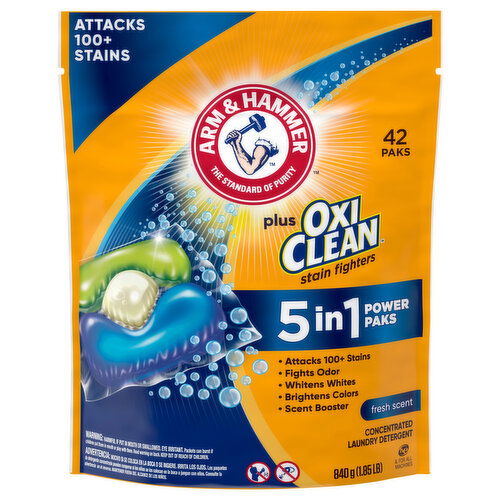 Arm & Hammer Plus OxiClean Laundry Detergent, Concentrated, Stain Fighters, Fresh Scent, 5 in 1, Power Paks