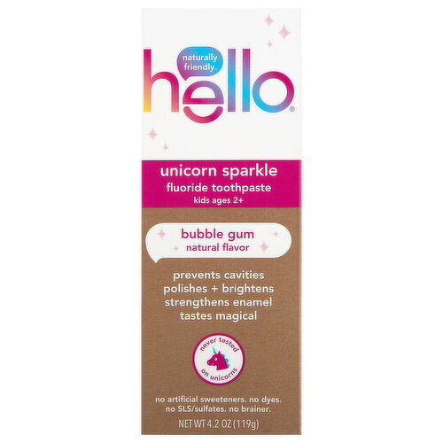Hello Fluoride Toothpaste, Bubble Gum Natural Flavor, Unicorn Sparkle