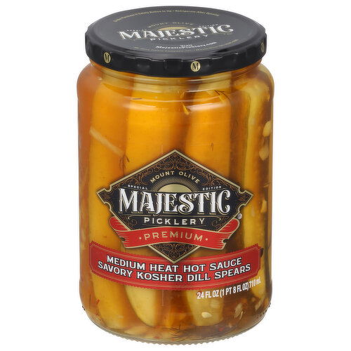 Majestic Picklery Savory Kosher Dill Spears, Premium, Medium Heat Hot Sauce