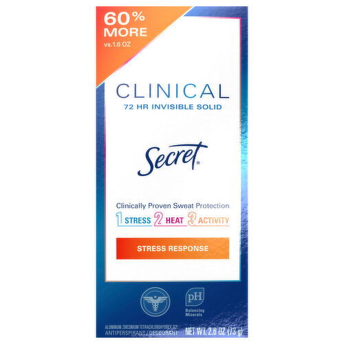 Secret Clinical Clinical Strength Invisible Solid Antiperspirant and Deodorant for Women, Stress Response, 2.6 oz