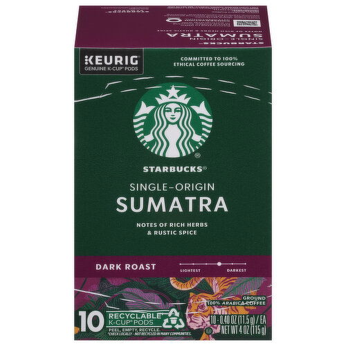 Starbucks Coffee, Ground, Dark Roast, Sumatra. Single-Origin, K-Cup Pods