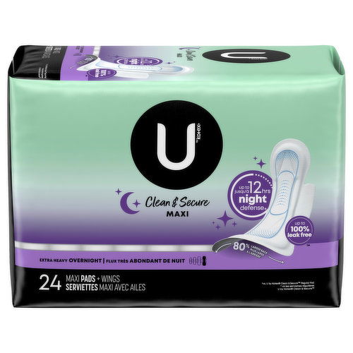 U by Kotex Clean & Secure Pads + Wings, Extra Heavy Overnight, Maxi