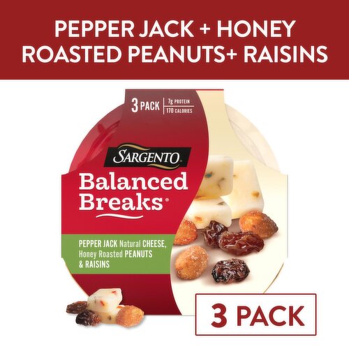 SARGENTO Balanced Breaks® Pepper Jack Natural Cheese, Honey Roasted Peanuts and Raisins, 3-Pack