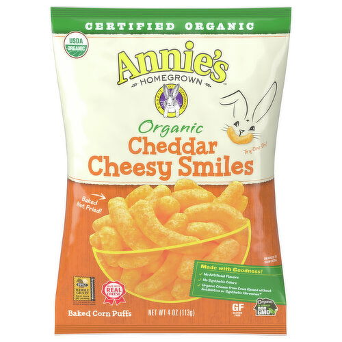 Annie's Corn Puffs, Organic, Baked, Cheddar Cheesy Smiles