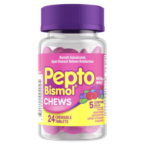 Pepto-Bismol Multi-Symptom Pepto Bismol Chews, Fast 5 Symptom Relief, Berry Mint Flavor, 24 ct