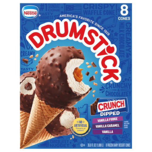 Drumstick Frozen Dairy Dessert Cones, Vanilla Fudge/Vanilla Caramel/Vanilla, Crunch Dipped