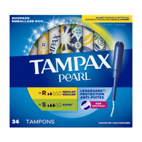 Tampax Pearl Tampax Pearl Tampons Multipack with LeakGuard Braid, Regular/Super, 34 Ct