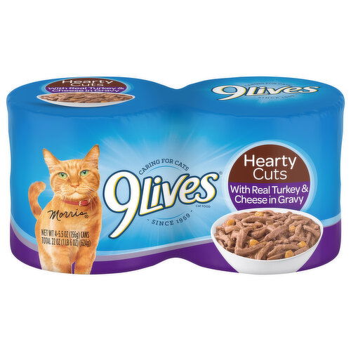 9Lives Cat Food, with Real Turkey & Cheese in Gravy, Hearty Cuts