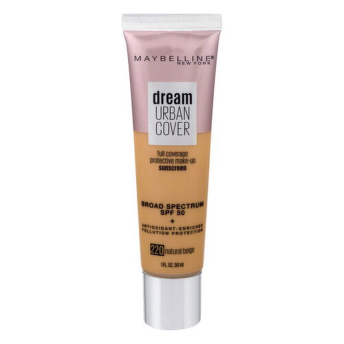 Maybelline Dream Urban Cover Make-Up Sunscreen, Natural Beige 220, Broad Spectrum SPF 50