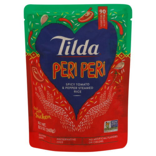 Tilda Steamed Rice, Spicy Tomato & Pepper, Peri Peri