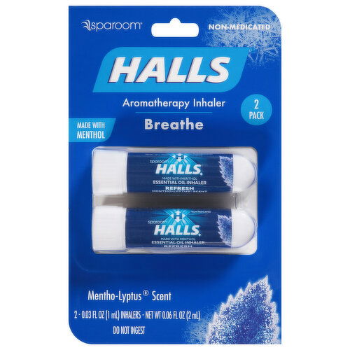 SpaRoom Halls Aromatherapy Inhaler, Breathe, Mentho-Lyptus Scent, 2 Pack