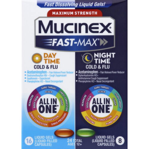 Mucinex Fast-Max Severe Cold/Cold & Flu, Day/Night, Maximum Strength, Liquid Gels, Value Pack