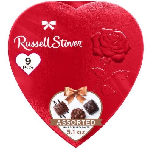 Russell Stover Valentine's Day Red Foil Heart Assorted Milk & Dark Chocolate Gift Box