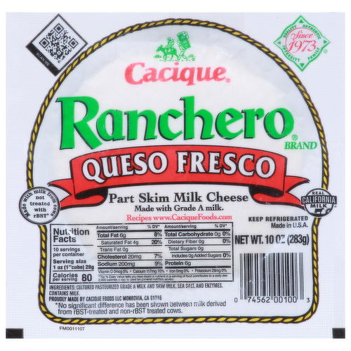 Cacique Ranchero Cheese, Part Skim Milk, Queso Fresco