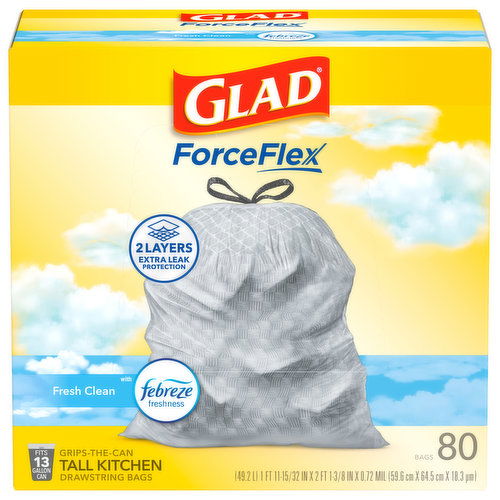 Glad ForceFlex Tall Kitchen Bags, Drawstring, Fresh Clean, 13 Gallon