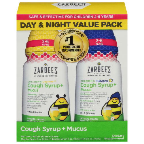 Zarbee's Cough Syrup + Mucus, Natural Mixed Berry Flavor, Day & Night Value Pack
