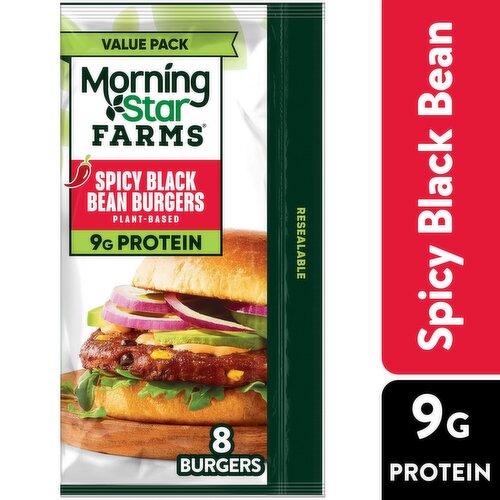 MorningStar Farms Plant Based Veggie Burgers, Spicy Black Bean, Value Pack