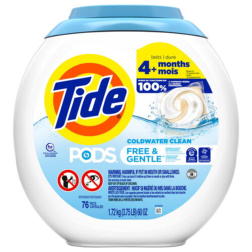 Tide Pods Detergent, Free & Gentle, Coldwater Clean, Pacs