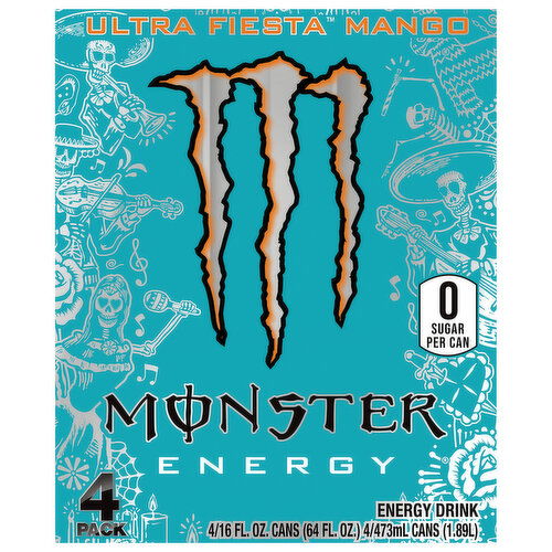 Monster Energy Energy Drink, Zero Sugar, Ultra Fiesta Mango, 4 Pack