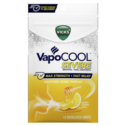 Vicks Severe VapoCool Severe Medicated Sore Throat Drops, Menthol, Honey Lemon