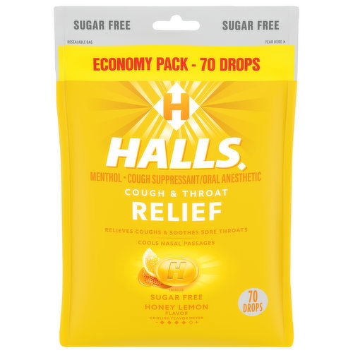 Halls Relief Cough Drops, Sugar Free, Honey Lemon Flavor, Economy Pack