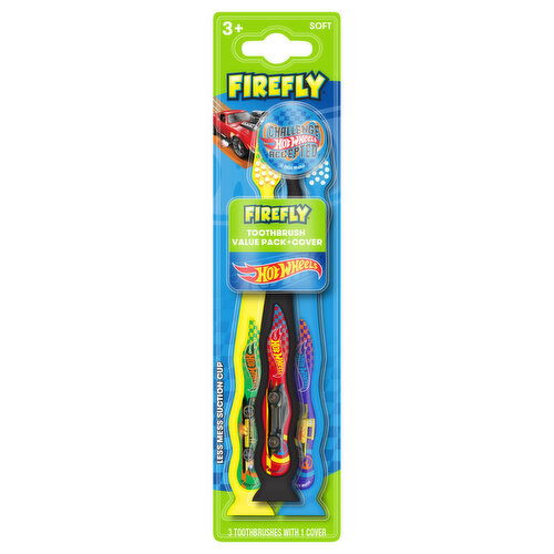 Firefly 3+ Hot Wheels Soft Toothbrushes with Cover Value Pack