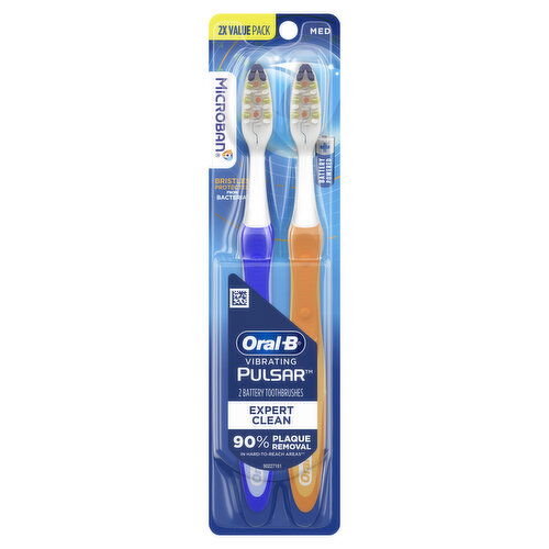 Oral-B Pulsar Vibrating Pulsar Battery Toothbrush with Microban, Plaque Remover for Teeth, Medium, 2 Count