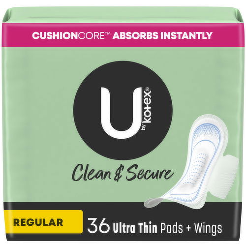 U By Kotex Clean & Secure Pads + Wings, Ultra Thin, Regular