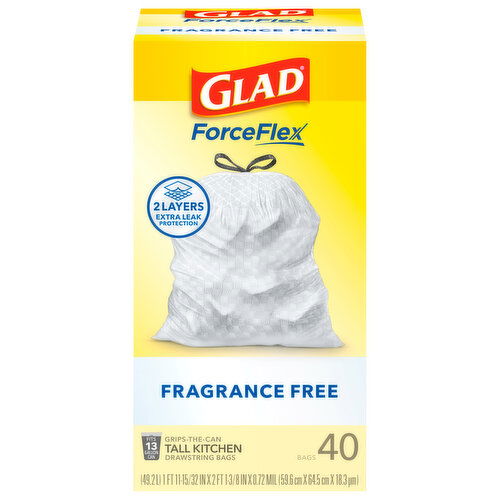 Glad ForceFlex Drawstring Bags, Kitchen, Fragrance Free, 13 Gallon, Tall