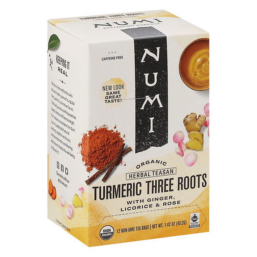 Numi Herbal Teasan, Organic, Turmeric Three Roots, Tea Bags