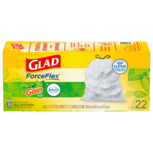 Glad ForceFlex Drawstring Bags, Kitchen, Gain Original Scent, 13 Gallon, Tall