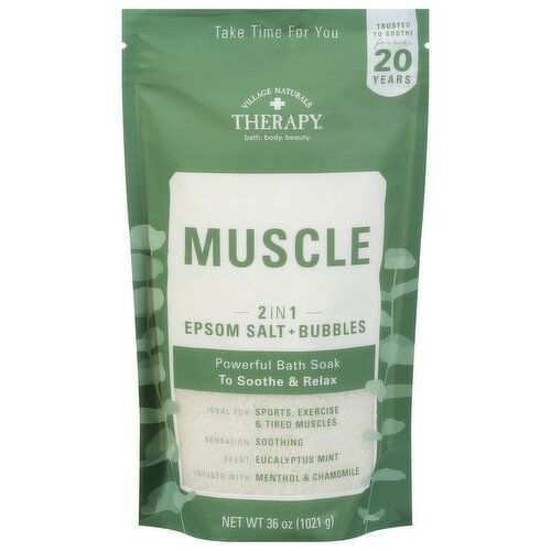 Village Naturals Therapy Bath Soak, Epsom Salt + Bubbles,  2 in 1, Muscle, Eucalyptus Mint