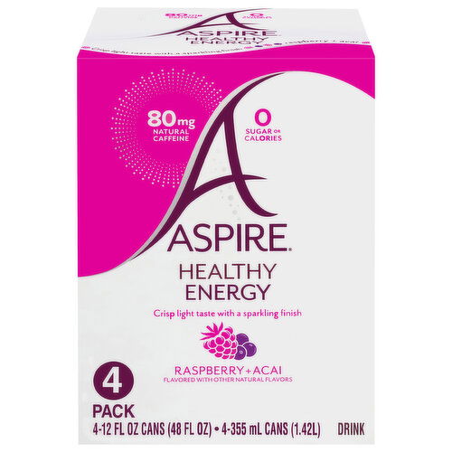 Aspire Energy Drink, Healthy, Raspberry + Acai, 4 Pack