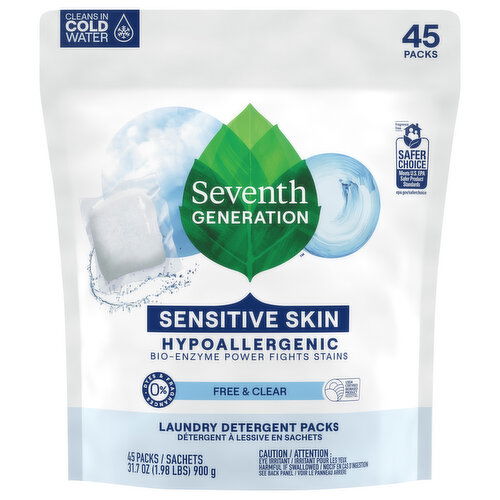 Seventh Generation Laundry Detergent Packs, Free & Clear, Hypoallergenic, Sensitive Skin