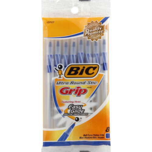 BiC Ball Point Pens, Ultra Round Stic Grip, Blue