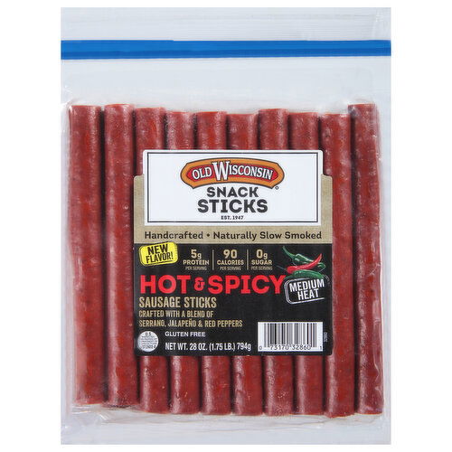 Old Wisconsin Snack Sticks Sausage Sticks, Hot & Spicy, Medium Heat