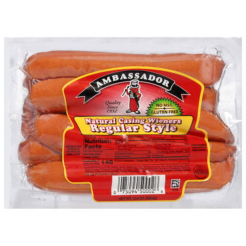 Ambassador Hot Dogs Natural Casing Regular Style Wieners