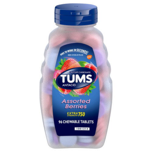 Tums Antacid, Extra Strength, 750 mg, Chewable Tablets, Assorted Berries