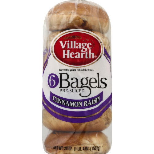 Village Hearth Bagels, Pre Sliced, Cinnamon Raisin