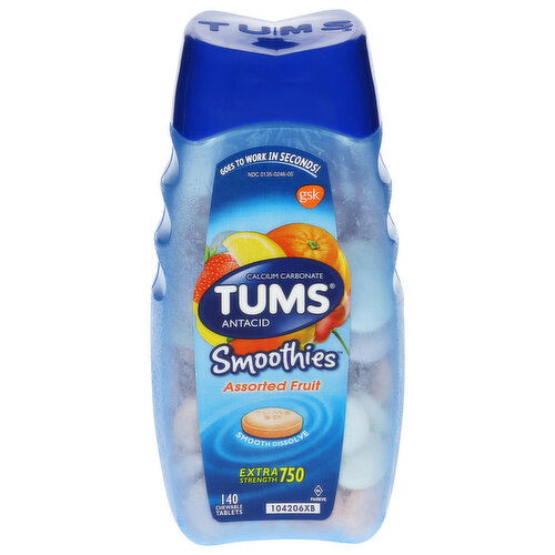 Tums Smoothies Antacid, Extra Strength 750, Chewable Tablets, Assorted Fruit