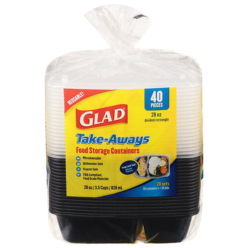 Glad Take-Aways Food Storage Containers, Divided Rectangle, 28 oz, 20 Sets