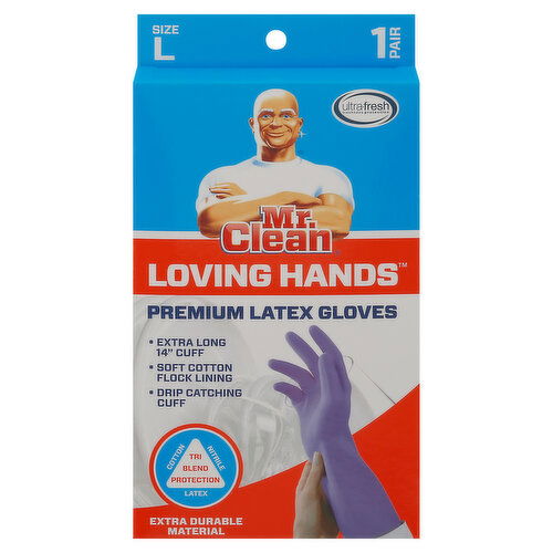 Mr. Clean Loving Hands Gloves, Latex, Premium, Large